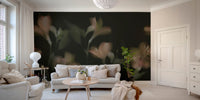 Moody flower wall mural with a white sofa in a bright living room.