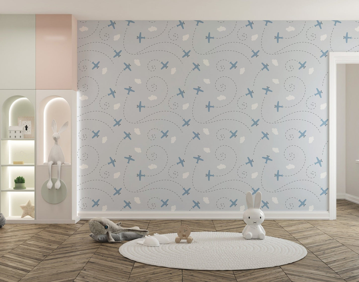 Play area featuring fun Daydream Drift Light Blue Wallpaper decor.