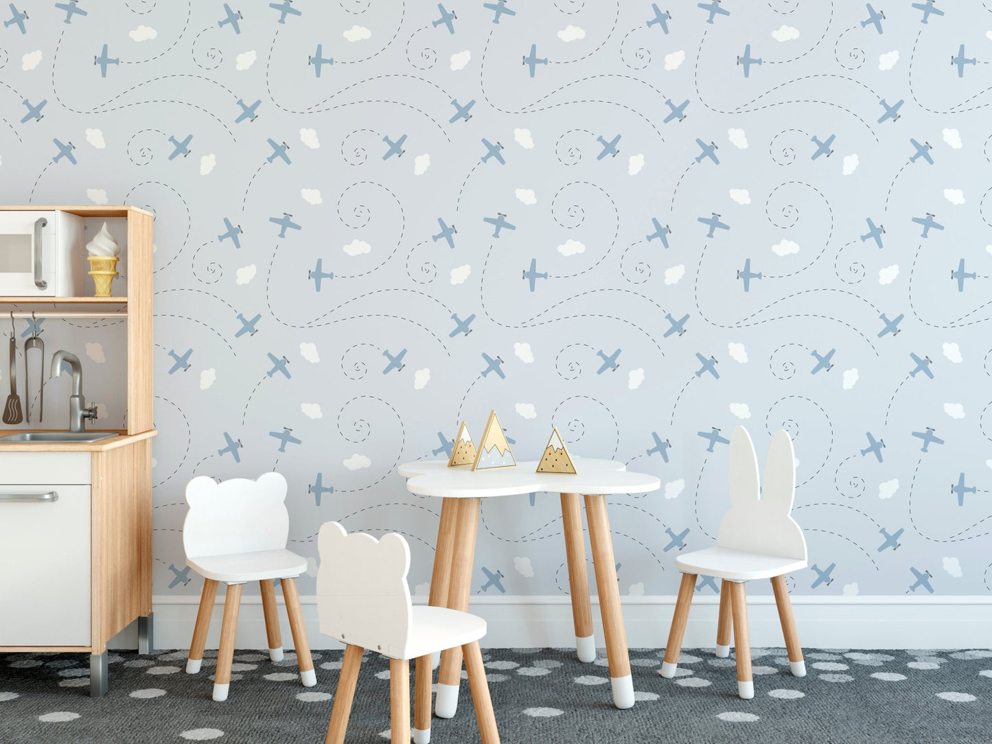 Elegant daydream drift mural in light blue color for kids dining area.
