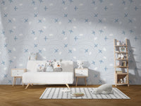 Playroom with soft blue Daydream Drift  Wallpaper pattern.