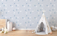 Light blue nursery with Daydream Drift Light Blue Wallpaper and tent.