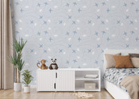 Childrens bedroom wall featuring Drift Light Blue Wallpaper.