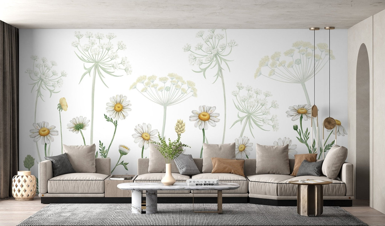 Nature-themed mural with radiant daisy patterns for living room wall.
