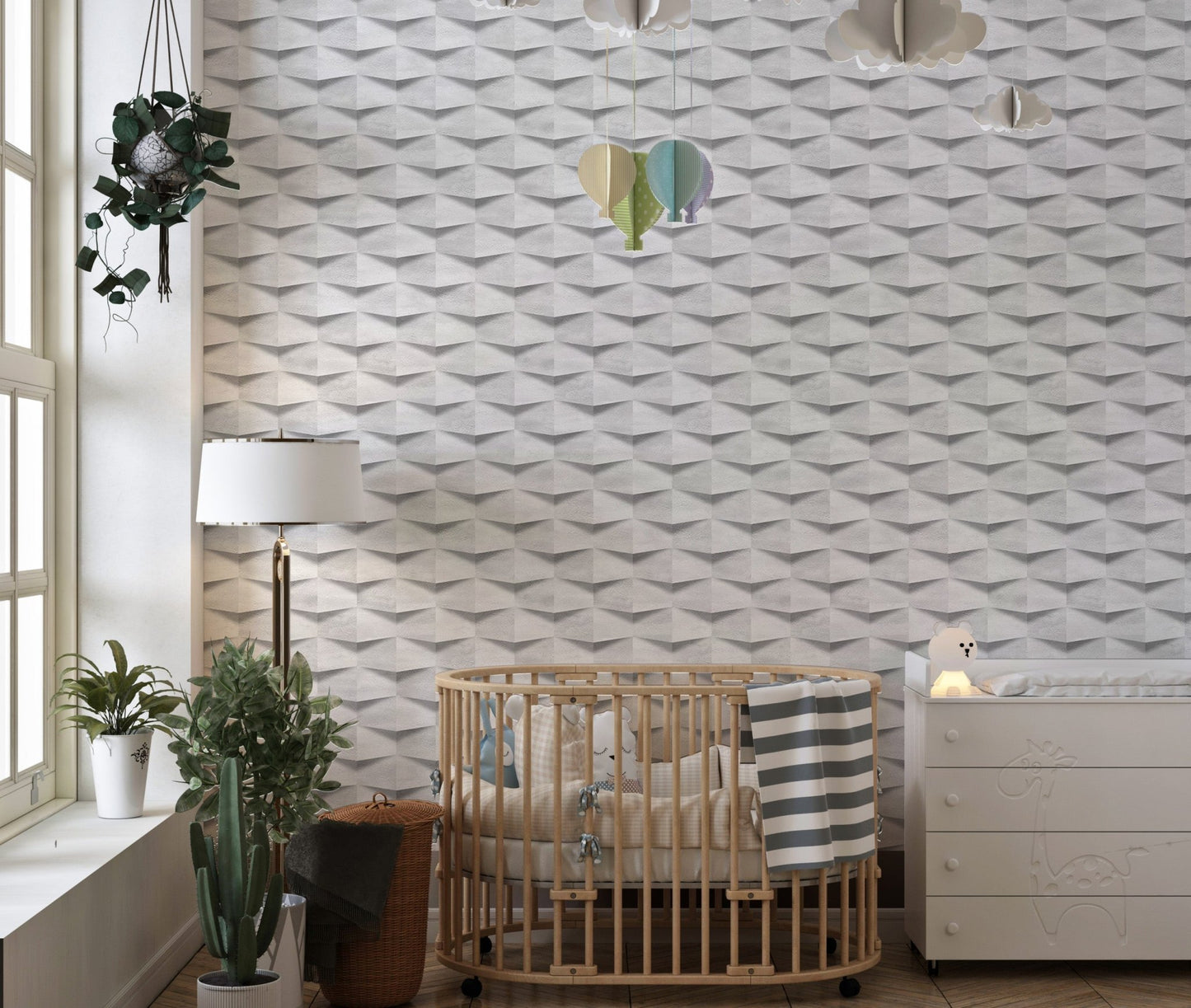 Geometric abstract wallpaper in a nursery room featuring a wooden crib and green plants.