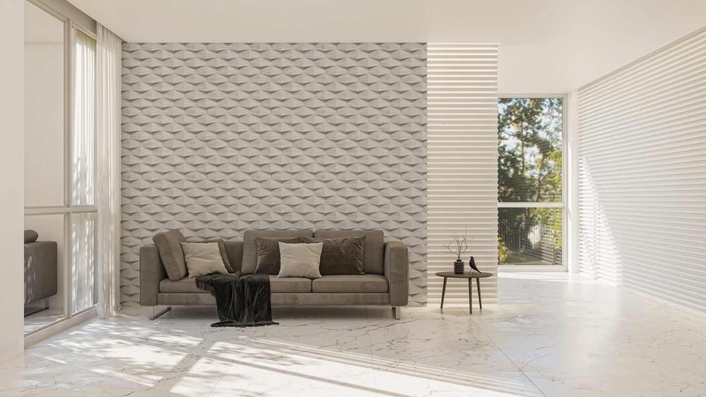 Spacious open plan living space with a grey sofa and large 3D wallpaper feature wall.