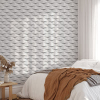 Decorative masonry interior abstract 3d white color wallpaper in a bedroom setting.