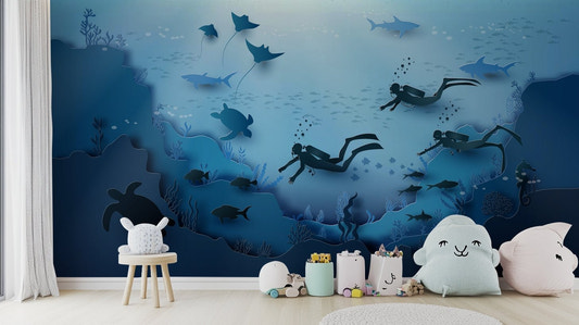 Deep Ocean Wall Mural with divers and sea turtles.