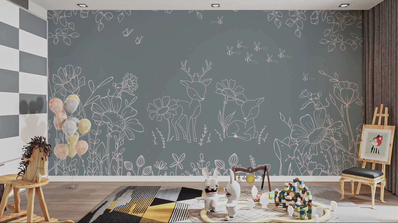 Deer Doodles Blue Wall Mural behind a wooden rocking horse in a play area.