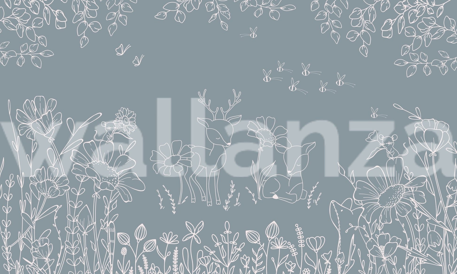 Deer Doodles Blue Wall Mural for interior design.