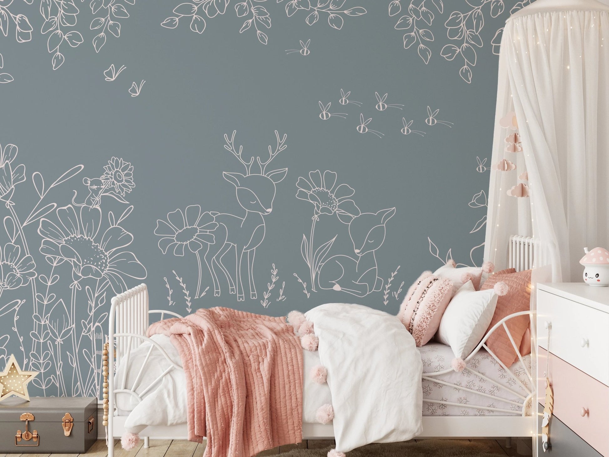 Deer Doodles Blue Wall Mural in a girls bedroom with pink bedding.