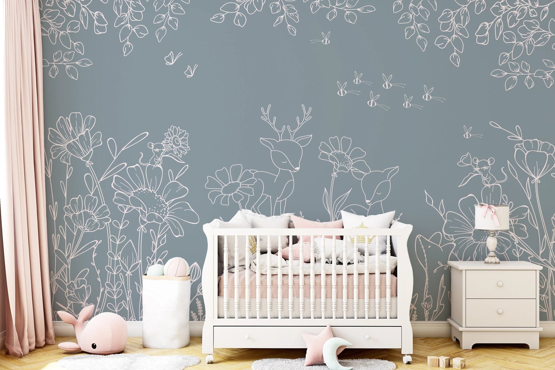 Blue Forest animal mural for a feature wall in a toddlers room.