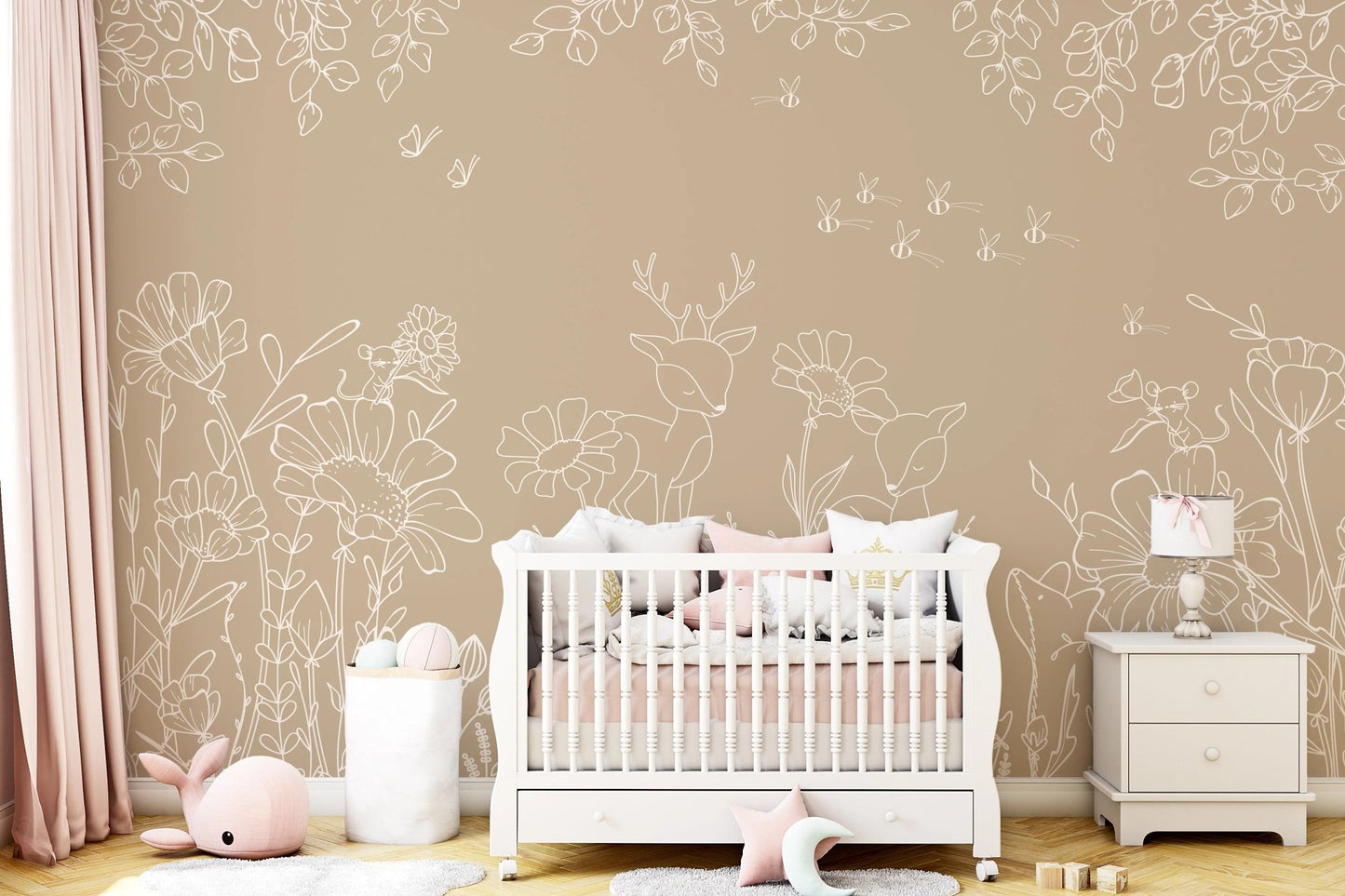 Modern home interior with white furniture and brown animal doodle wall mural