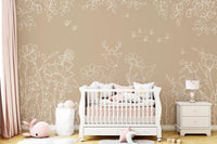 Modern home interior with white furniture and brown animal doodle wall mural