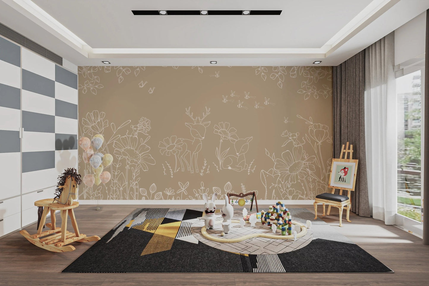 Minimalist nursery decor with a white crib and tan deer sketch wall mural