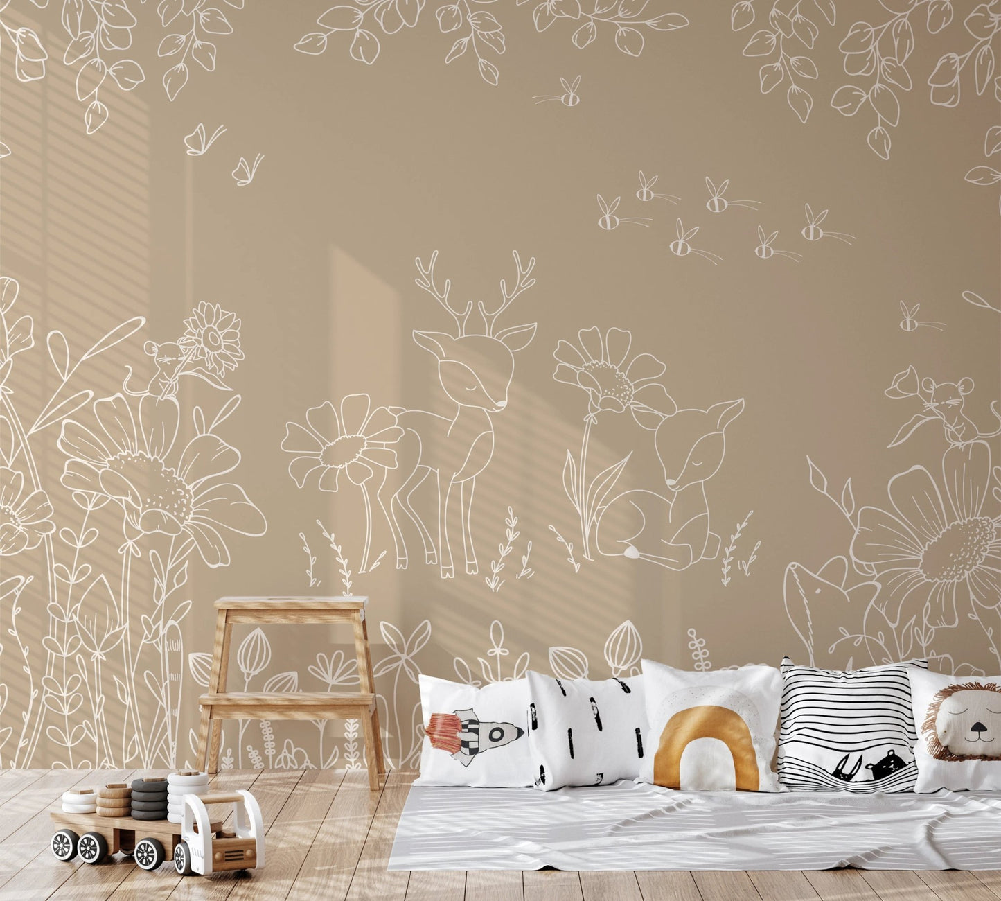Children space with a wooden loft chair and tan doodle wall mural.