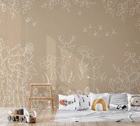 Children space with a wooden loft chair and tan doodle wall mural.