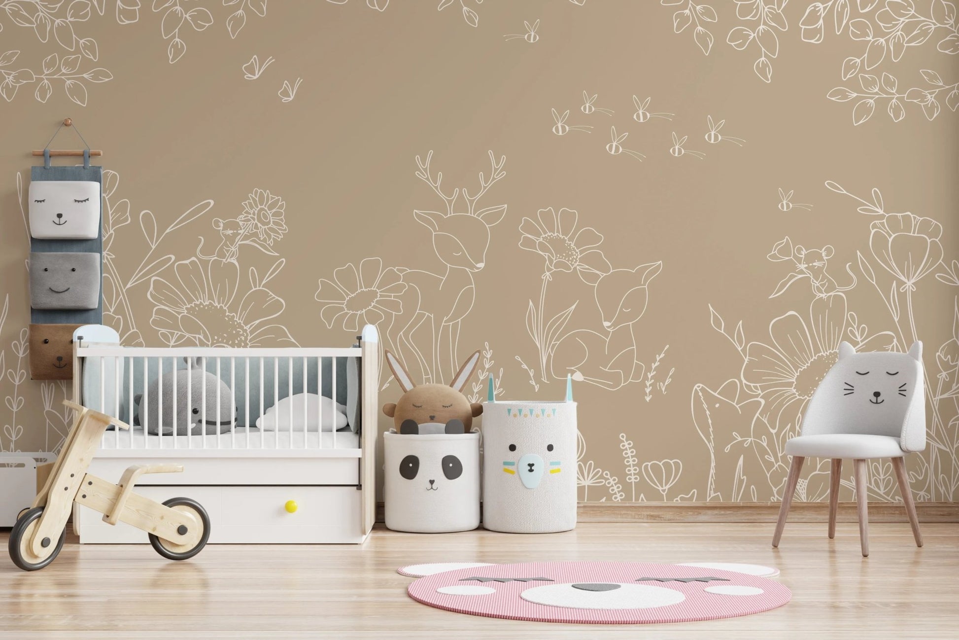 Playroom with a wooden rocking horse and sketch style doodle wall mural.