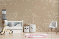 Playroom with a wooden rocking horse and sketch style doodle wall mural.