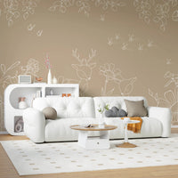 Minimalist living room featuring a white sofa and brown doodle wall mural.