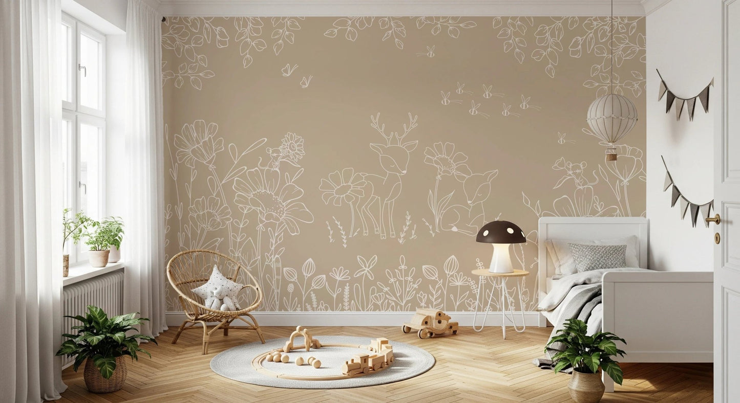 Deer Doodles Brown Wall Mural in a modern bedroom with a wooden crib.