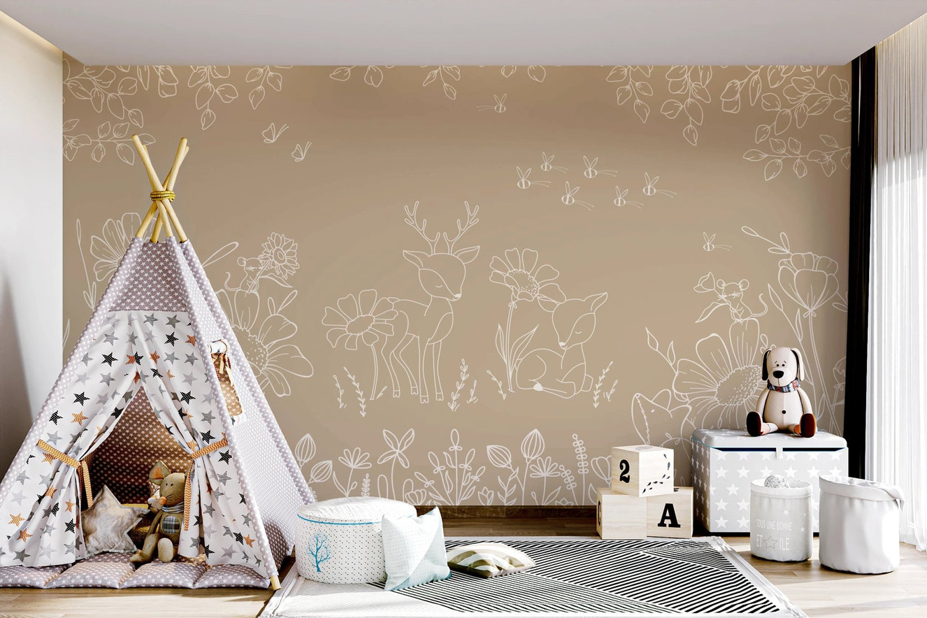 Kids playroom with teepee tent and Deer Doodles Brown Wall Mural.