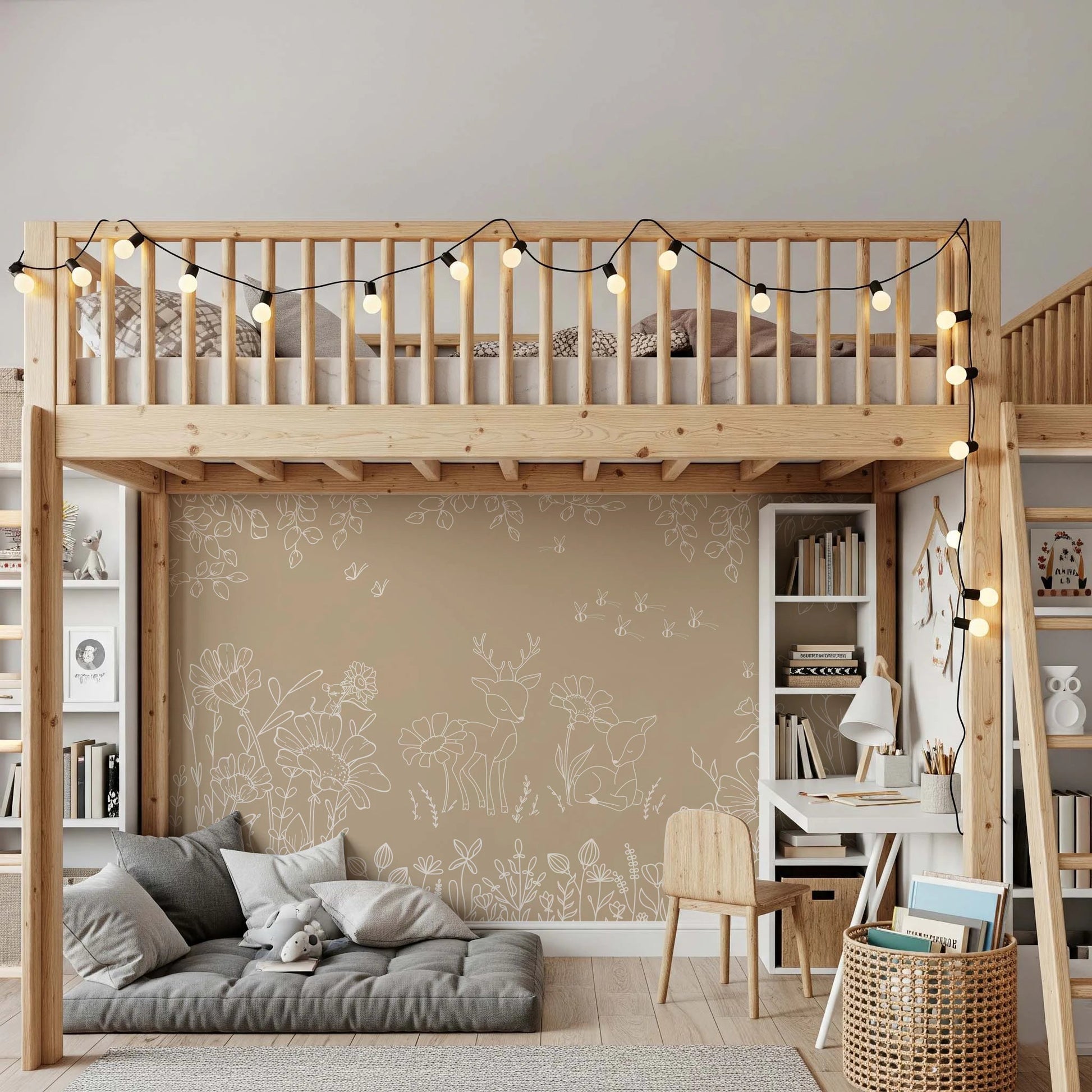 Kids bedroom featuring a white daybed and Deer Doodles Brown Wall Mural.