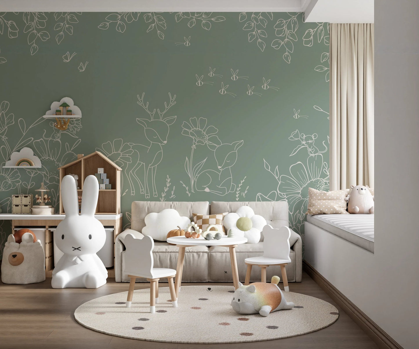 Detailed wildflower and deer line drawings on a green wall mural in a kids room.