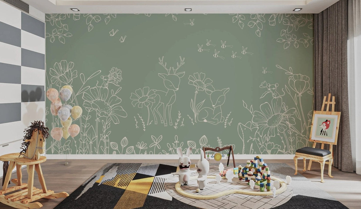 Deer Doodles Green Wall Mural applied to a feature wall in a spacious living.