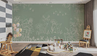 Deer Doodles Green Wall Mural applied to a feature wall in a spacious living.