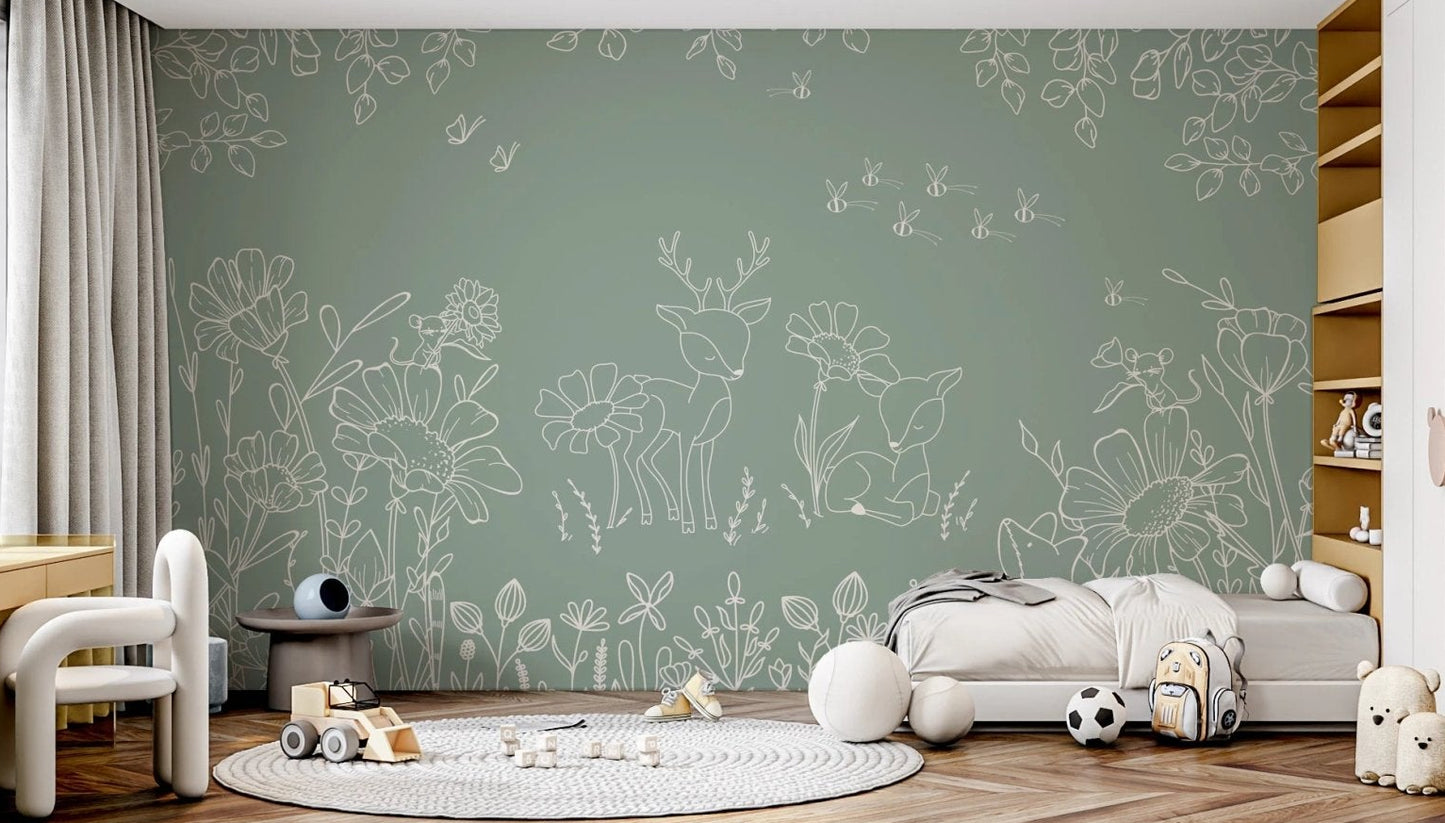 Large scale Deer Doodles Green Wall Mural in a minimalist kids space.
