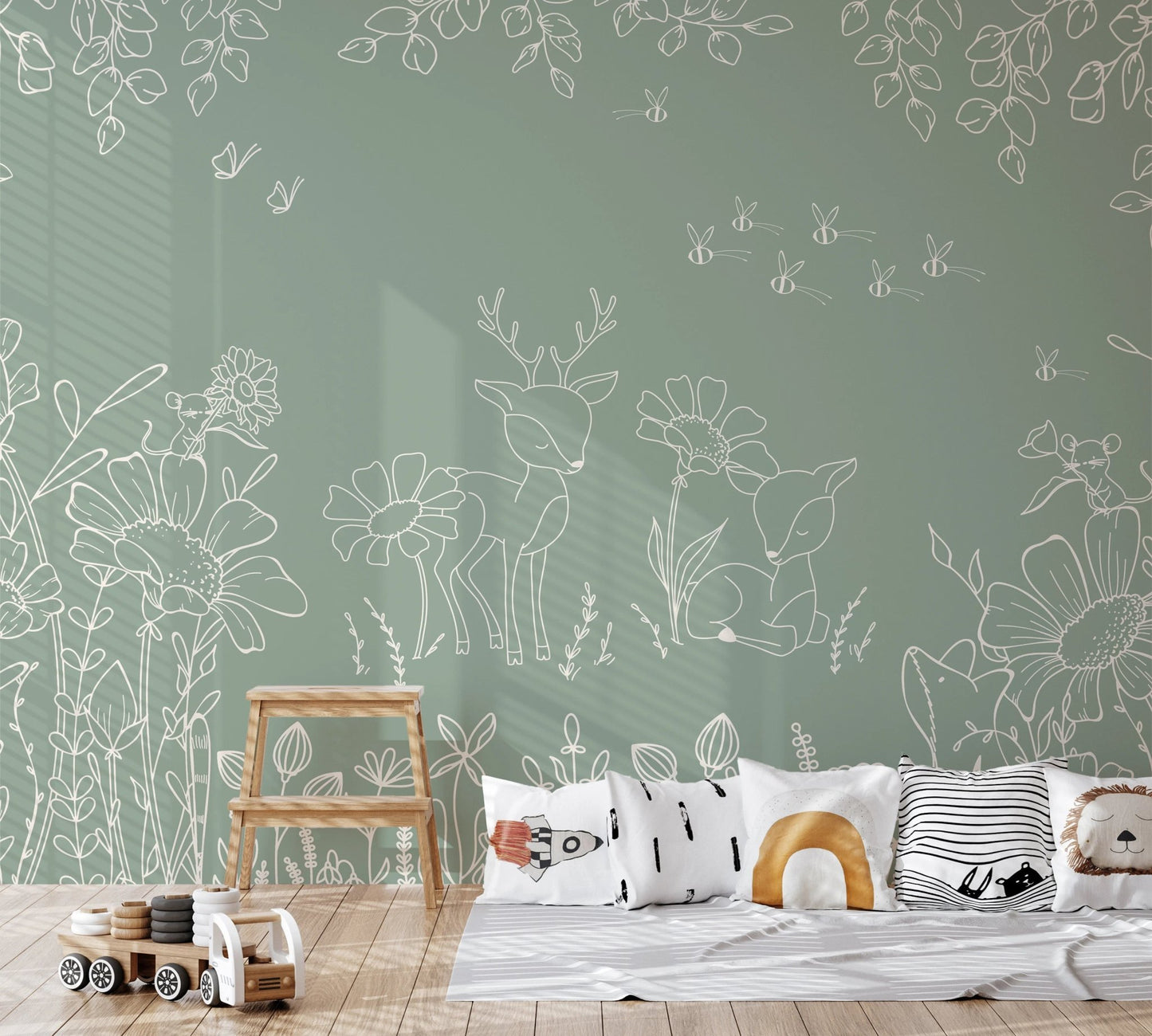 Deer Doodles Green Wall Mural featuring line art flowers in a minimalist playroom.