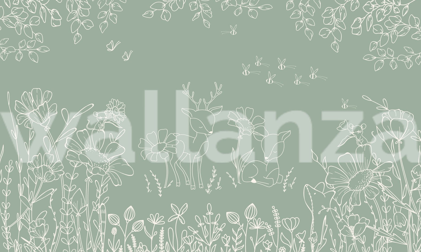 White ink style forest animal wall mural on a muted green background.