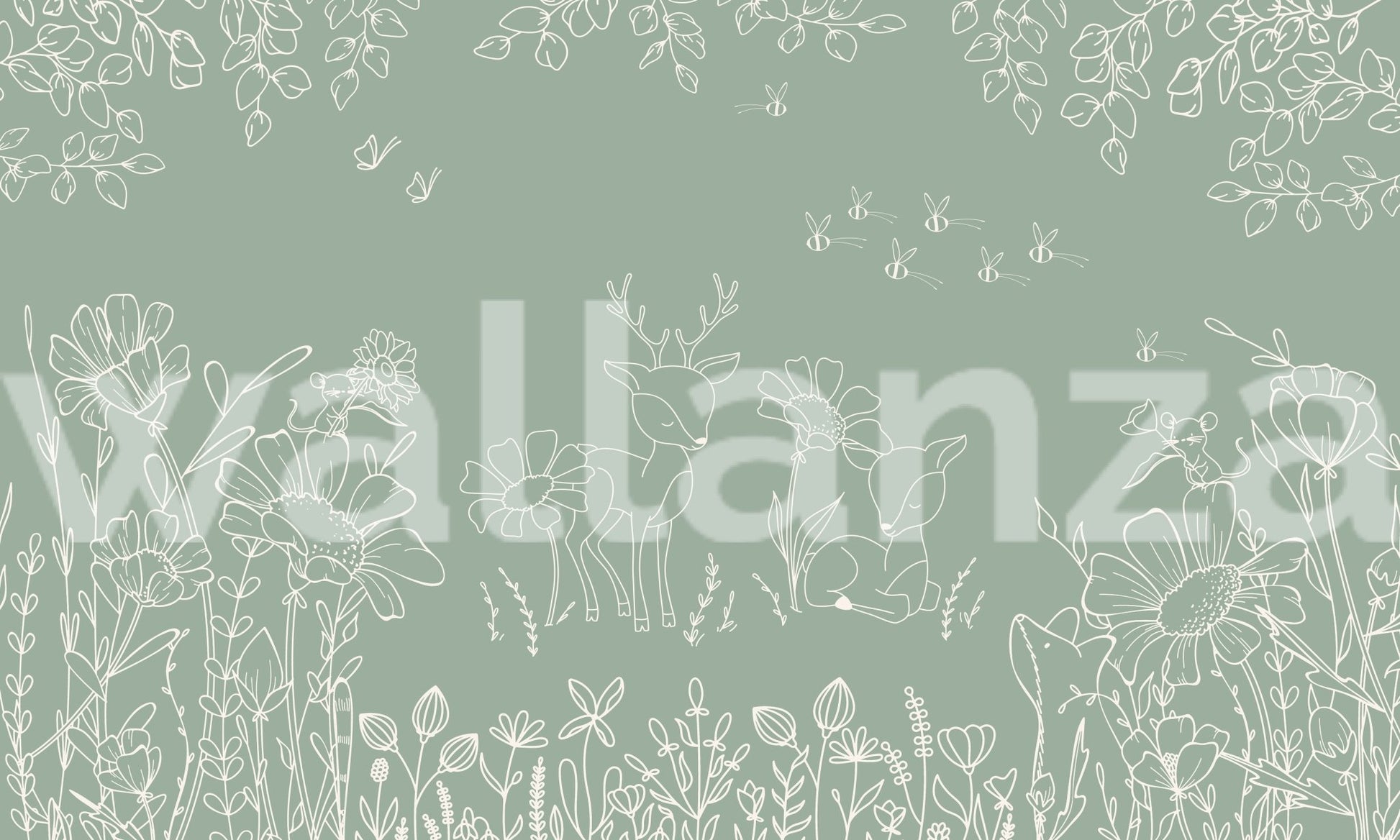 White ink style forest animal wall mural on a muted green background.