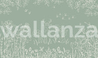 White ink style forest animal wall mural on a muted green background.