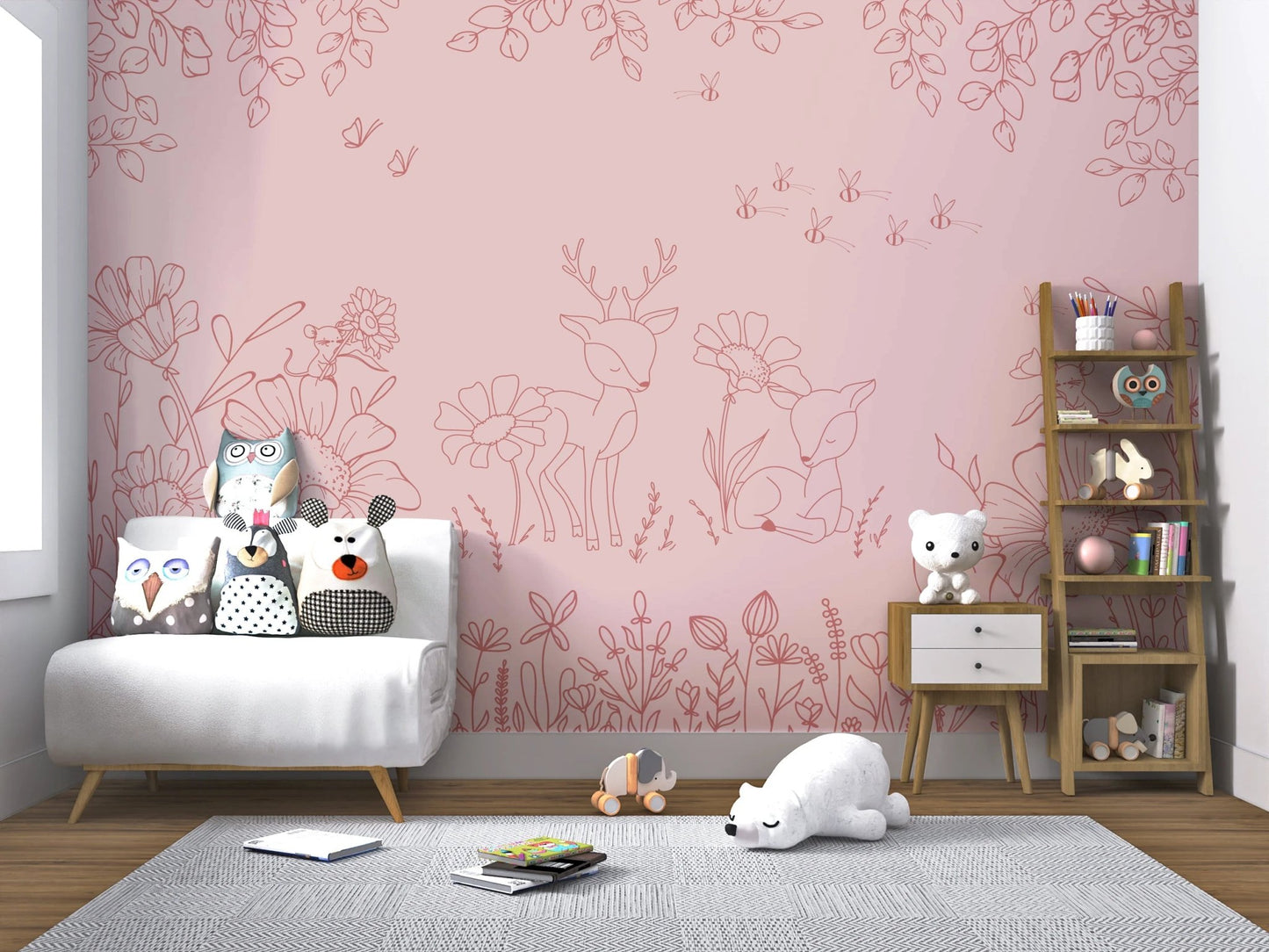 Deer Doodles Pink Dark Wall Mural in a bright room with a white armchair.