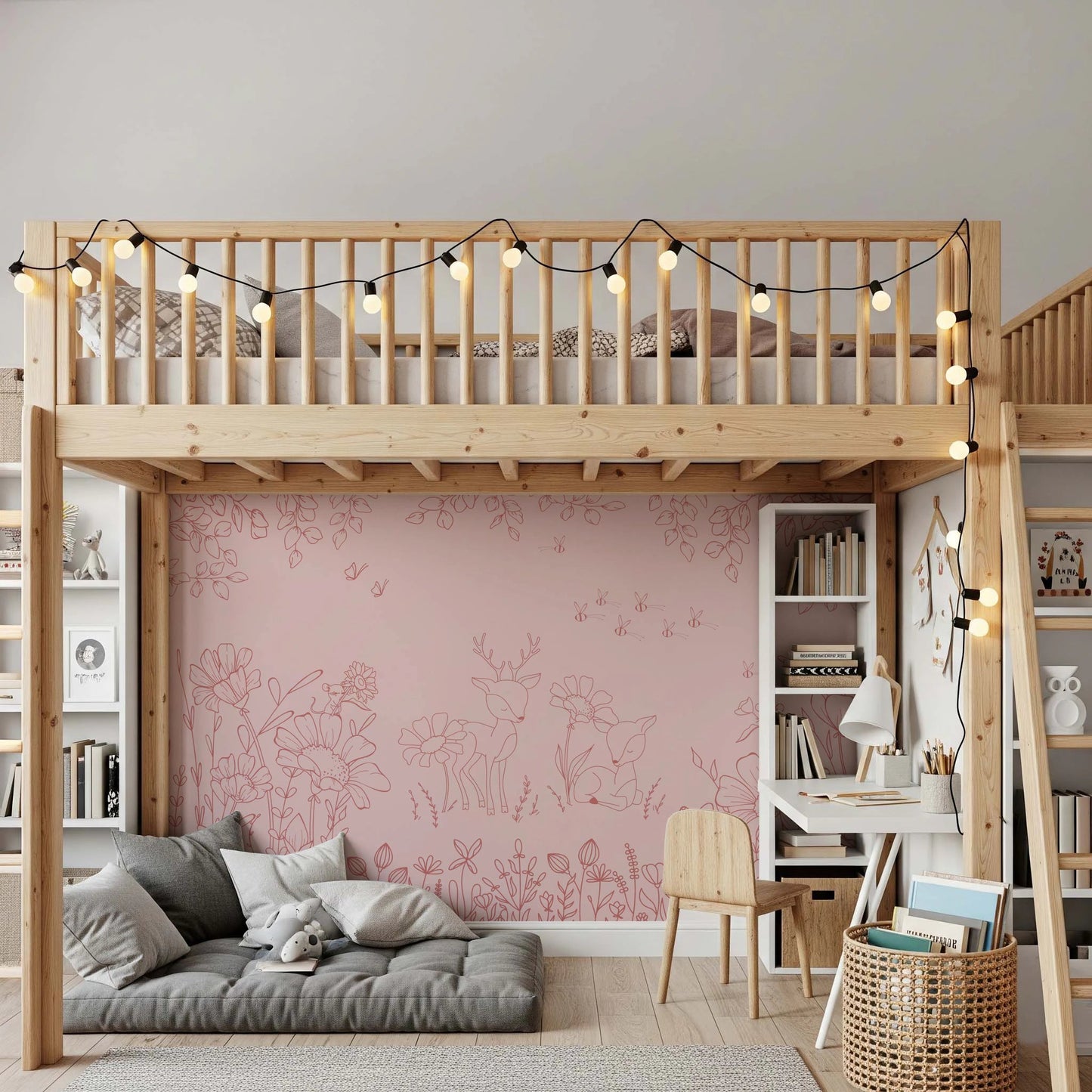 Deer Doodles Pink Dark Wall Mural in a loft bed nursery with wooden furniture.