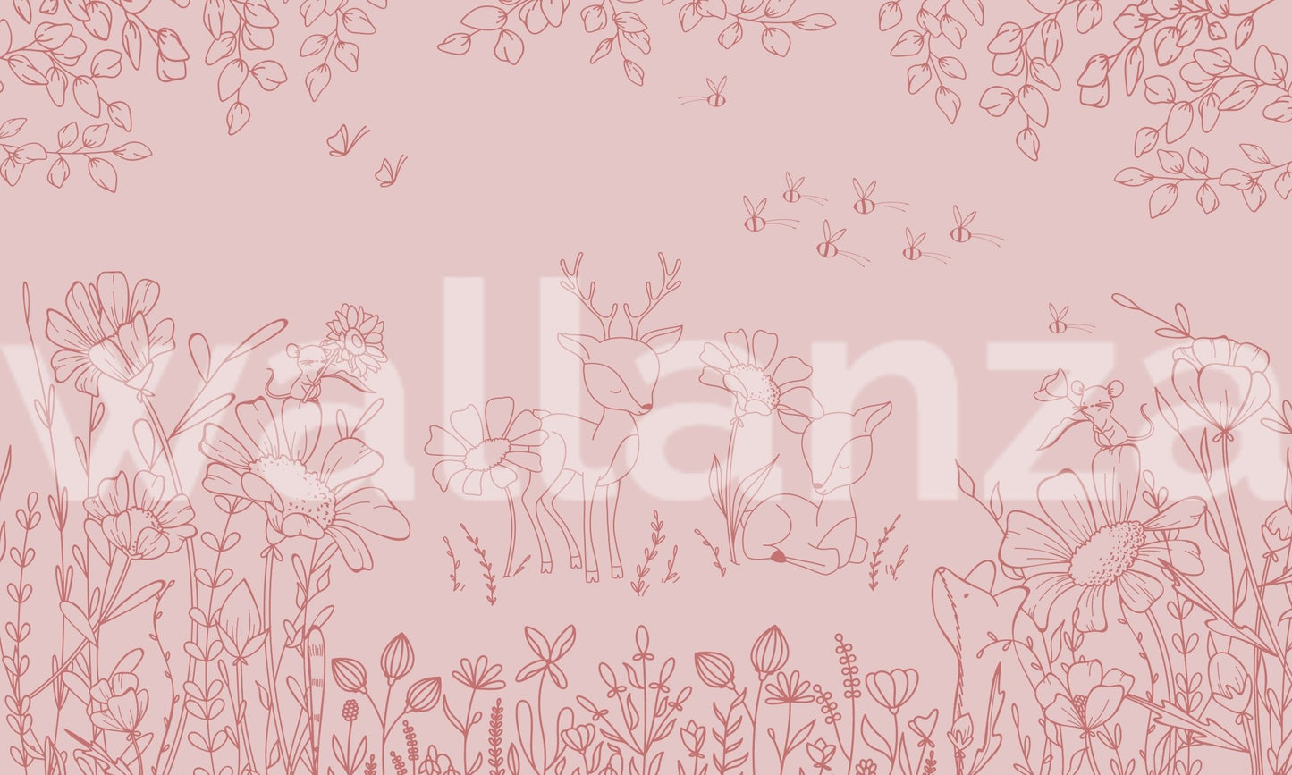 Patterned pink wall mural with sketches of deer, birds, and forest plants.