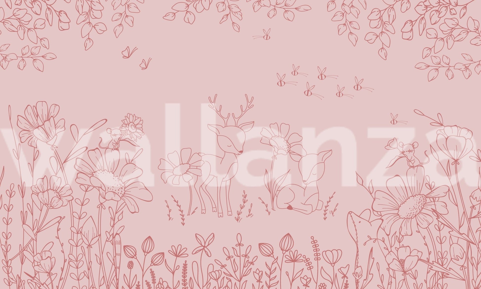 Patterned pink wall mural with sketches of deer, birds, and forest plants.