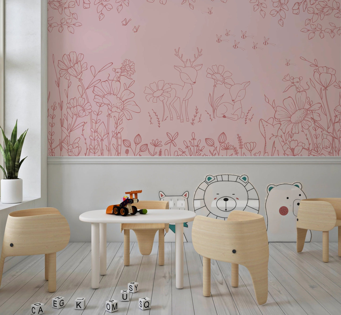 Forest doodle wall mural in a study area with a small white desk and chair.