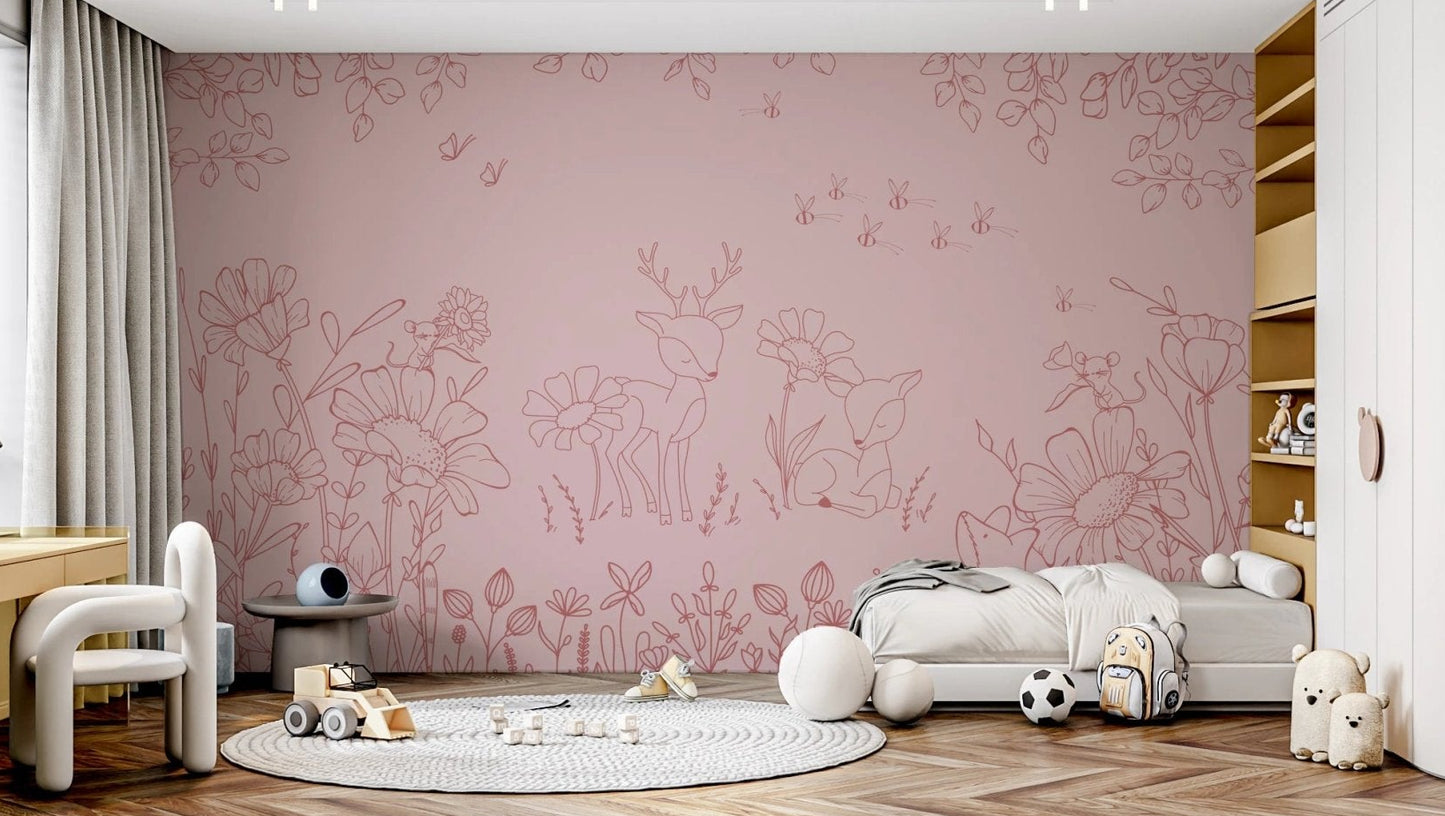 Pink forest animal wall mural behind a white toddler bed and wooden shelving unit.