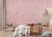 Minimalist pink doodle wall mural in a cozy bedroom with layered neutral bedding.