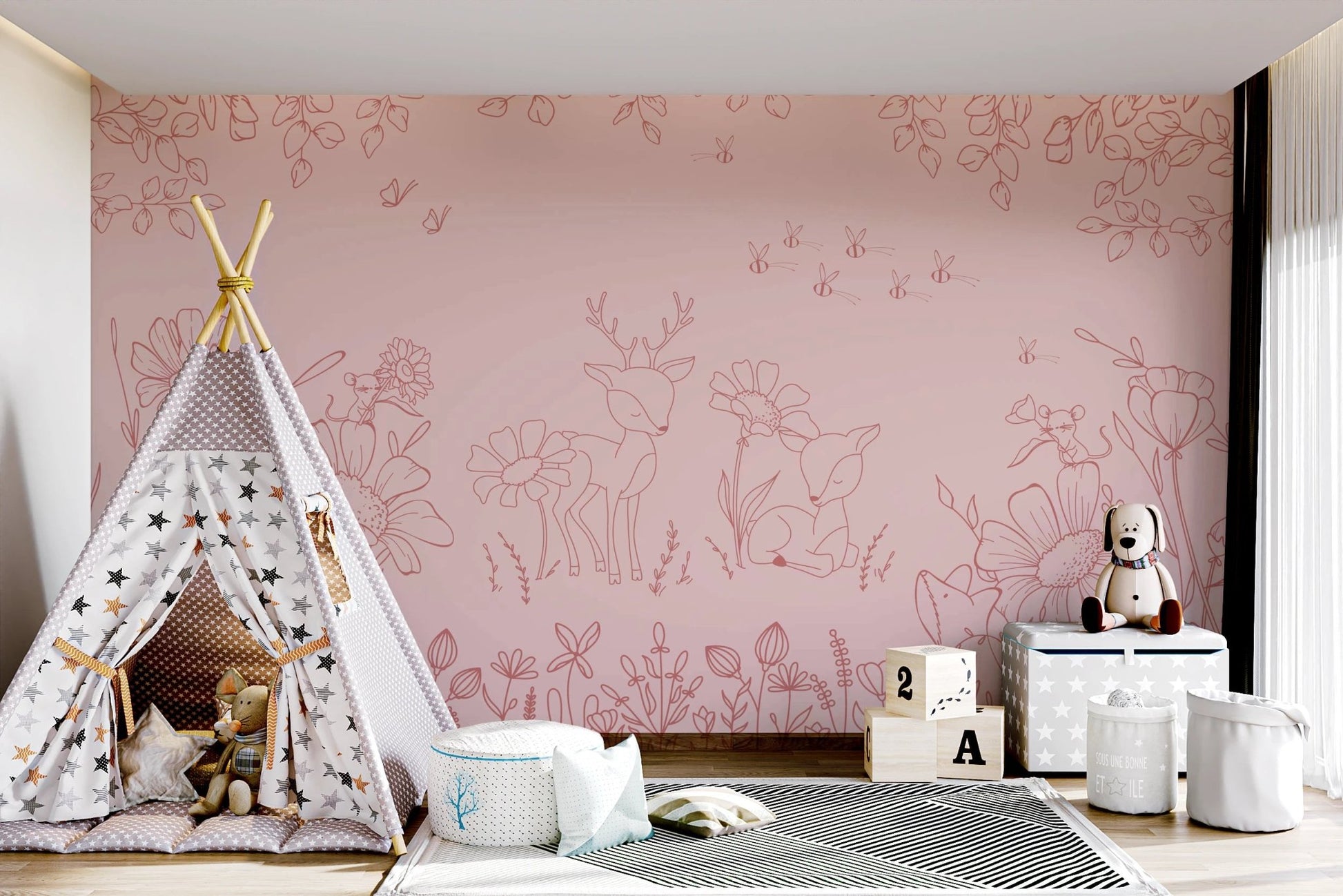 Decorative pink animal wall mural behind a grey play mat and canvas teepee.