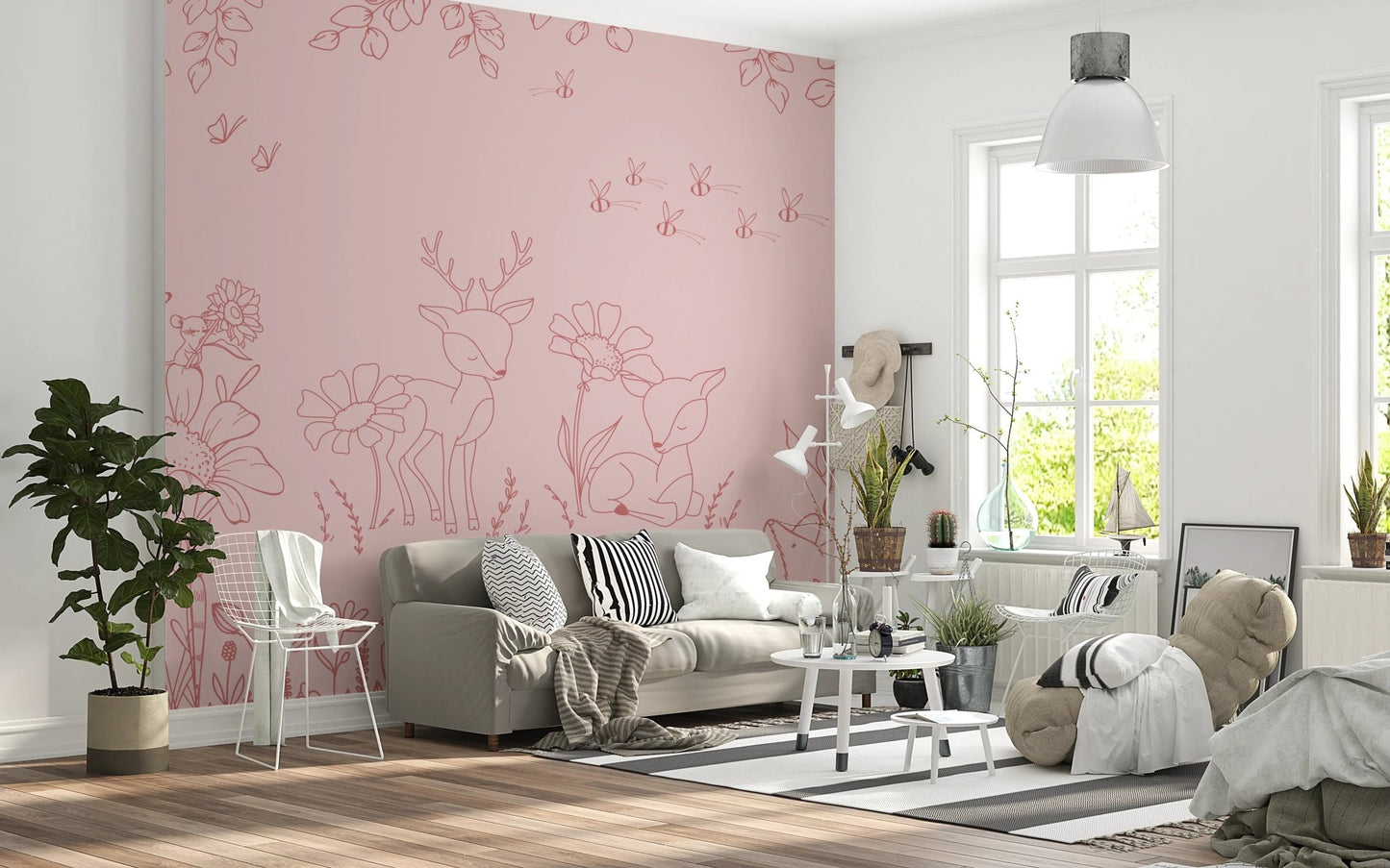 Whimsical deer sketch wall mural in a bright living room with a grey sofa.