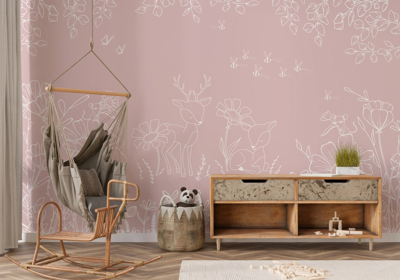 Minimalist nursery featuring pink deer doodles wall mural.