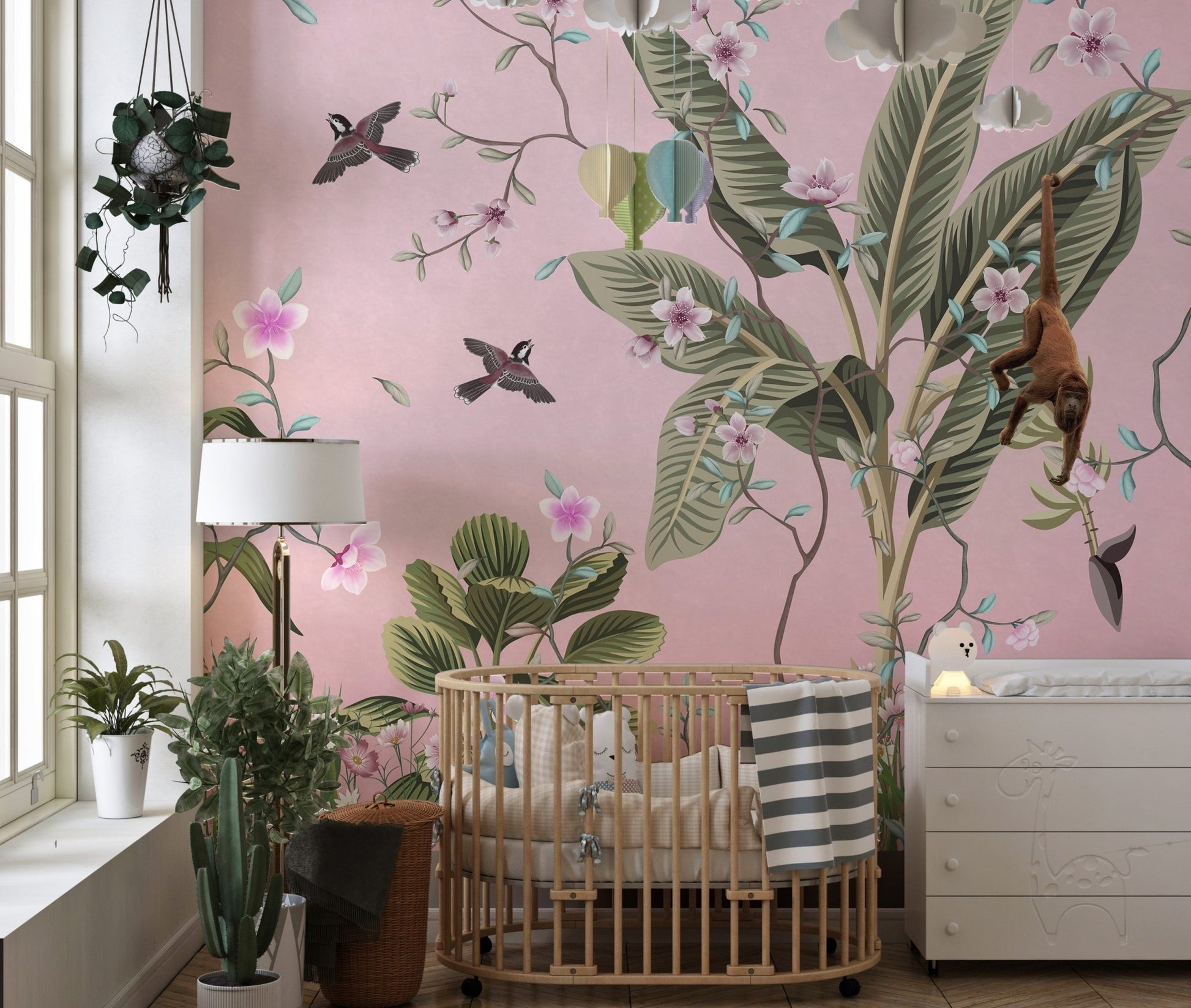Delicate Floral Embellish wall mural in a nursery with a wooden crib and green plants.