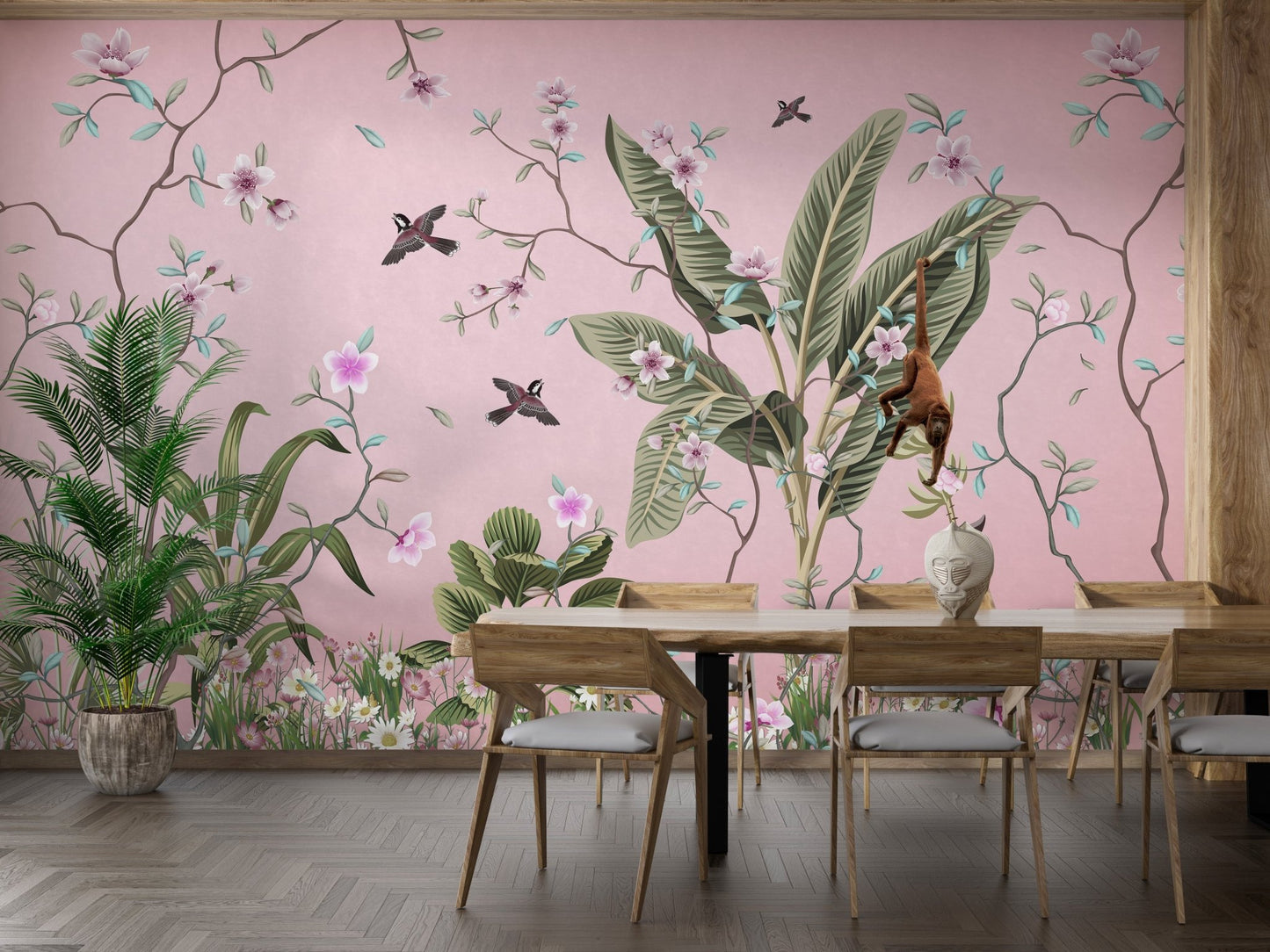 Delicate Floral Embellish wall mural in a dining space with light wood chairs.