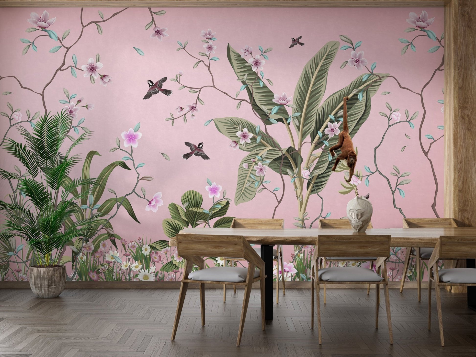Delicate Floral Embellish wall mural in a dining space with light wood chairs.
