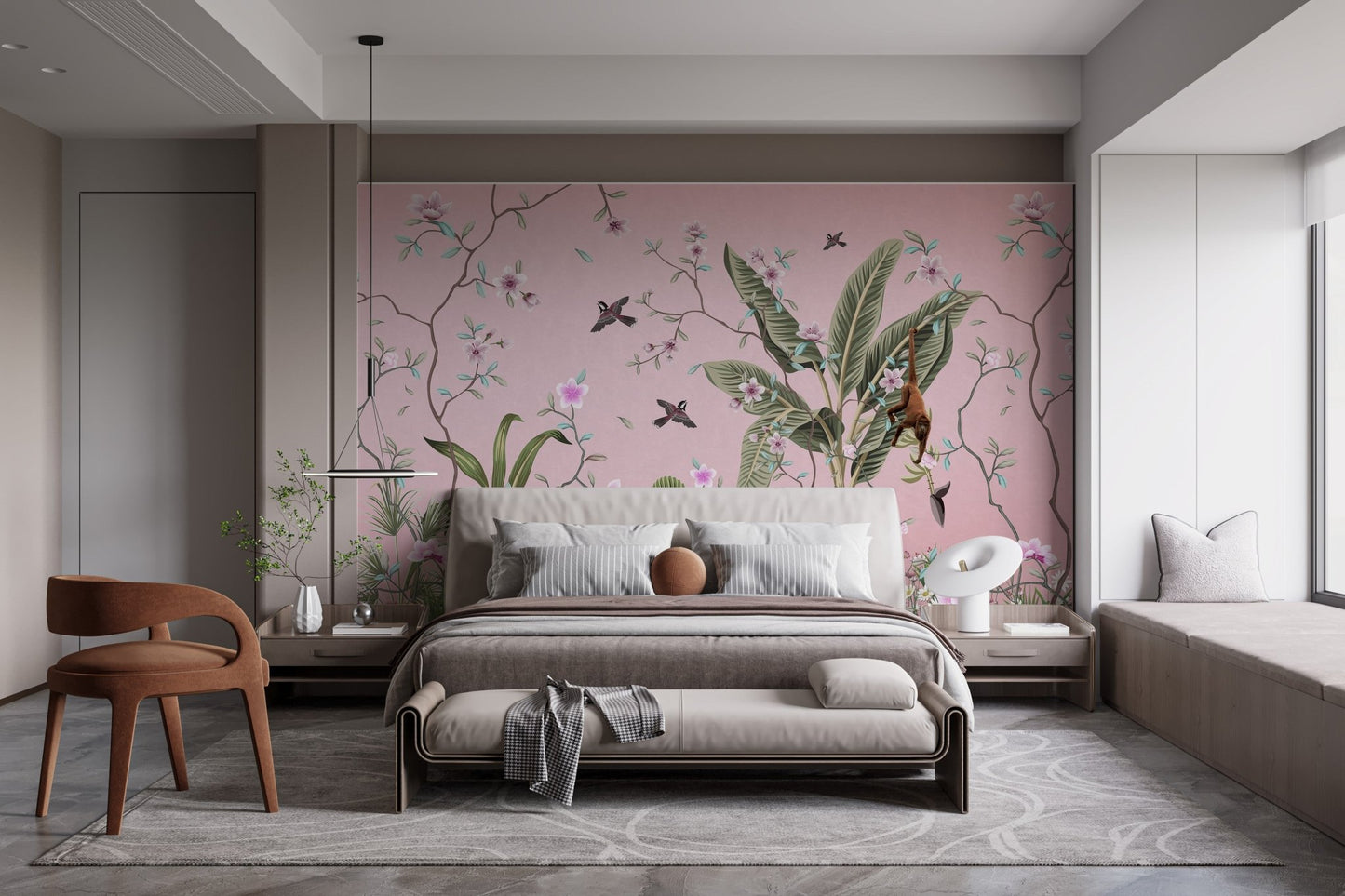 Delicate Floral Embellish wall mural in a master bedroom with grey bedding.