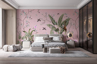 Hand drawn style floral wall mural for a bedroom feature wall with dark wardrobes.