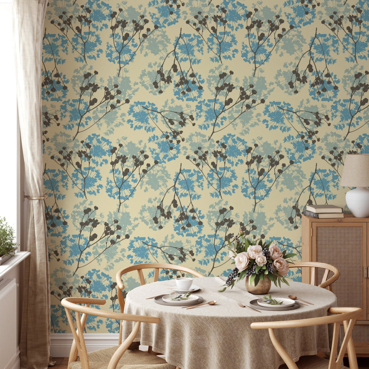 Neutral beige background with blue floral wallpaper for walls.